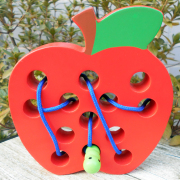 益智力开发木制儿童早教，教具大号毛毛虫吃水果串珠玩具立体穿线板