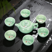 新青瓷茶具套装 盖碗茶壶鱼杯套装 龙泉青瓷彩鲤鱼茶具套装 