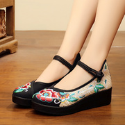春秋季老北京民族风，布鞋高跟女鞋坡跟绣花鞋，布鞋厚底平底女单鞋子