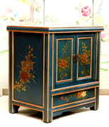 现代中式家具手绘家具彩绘家具实木蓝底双门柜床头柜储物柜飘窗柜