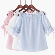 夏季韩版一字领泡泡，短袖纯色甜美露肩蝴蝶结系带娃娃雪纺衫