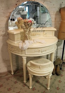 法式卧室实木雕花梳妆台，组合美式复古做旧半圆形，公主化妆桌