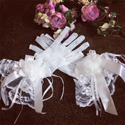 韩式新娘白色手套结婚婚纱，礼服短款蕾丝花朵有指婚庆手套裙撑配饰