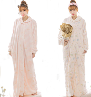 法兰绒睡袍女可爱秋冬季女生，加长款加厚珊瑚绒睡裙长袖浴袍睡衣