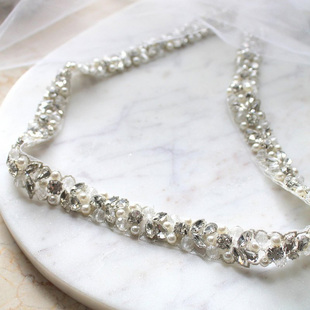 奢华水晶珍珠刺绣串珠，新娘腰带银色优雅薄款婚纱，礼服水钻薄纱贴花