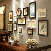 欧式复古实木照片墙客厅沙发背景，墙壁相框组合走廊创意挂墙相片墙