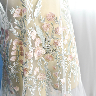 彩色立体树枝刺绣蕾丝面料，婚纱礼服装，手工diy布料网纱装饰材料绿
