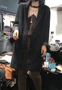 2017冬季韩国chic风黑白，竖条纹羊毛呢中长款针织开衫毛衣外套