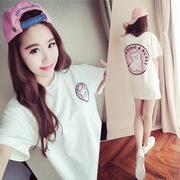 2018夏季韩版女装短袖T恤中长款连衣裙宽松可爱猫咪印花衫