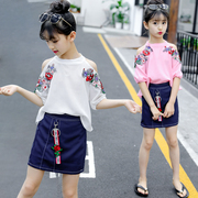 女童夏季套装洋气雪纺衫韩版女孩，打底衫儿童，短袖时尚裙裤两件套装