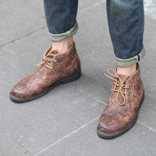 原创欧美复古男鞋手工做旧潮流，男靴真皮户外工装，靴男式军靴高帮鞋