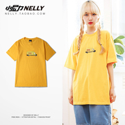 韩国ulzzang夏季潮牌同款短袖，t恤情侣装男士，五分袖t恤上衣黄色