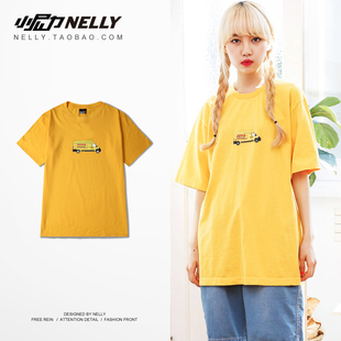 韩国ulzzang夏季潮牌同款短袖t恤情侣装男士五分，袖t恤上衣黄色