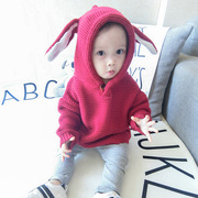 女宝宝兔耳朵毛线衣(毛线衣，)春秋冬款，棉线针织衫外套头带帽婴儿上衣1-2岁3