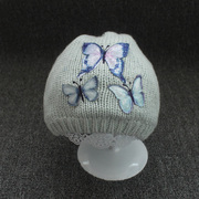 秋冬季儿童针织帽女童，宝宝毛线帽子，绿松石色加绒立体蝴蝶保暖