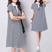 连衣裙2023女 大码女装韩版中长款条纹短袖宽松裙 裙子女夏季