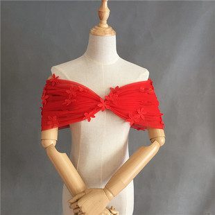 涵妃娅大红色v领抹胸婚纱，礼服伴娘裙遮手臂，遮肉披肩网纱花朵