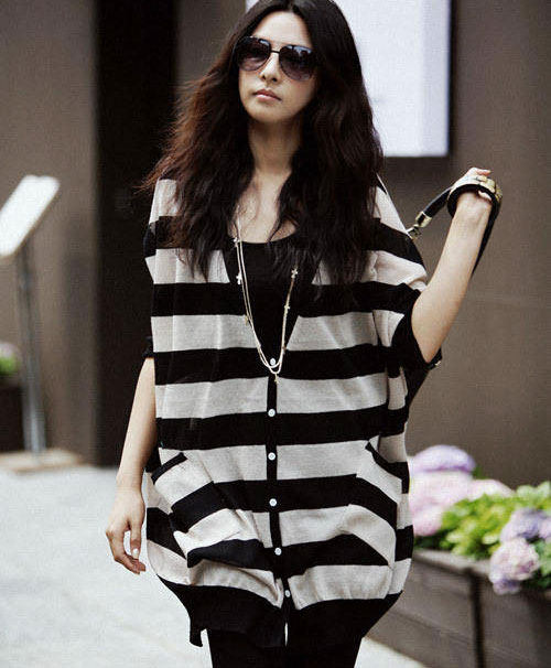 2013韩国SZ <em>黑白条纹</em> 宽松<em>开衫针织衫配</em>长款背