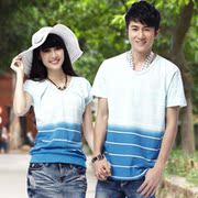 情侣装夏装 2013新款韩版V领条纹韩国男女夏季短袖T恤衫大码班服
