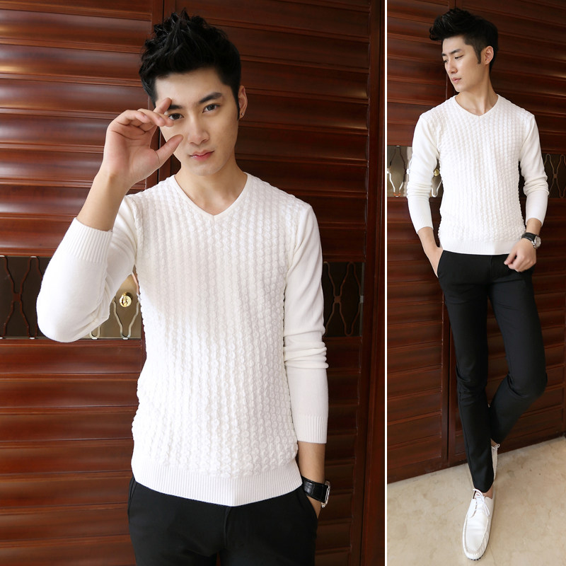 男子打底毛衫 <em>男式</em>白色<em>套头</em>男版<em>毛衣</em> 男装v字领