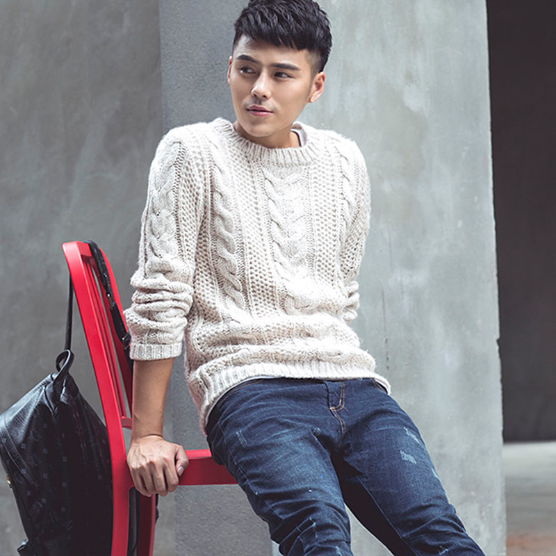 艺青年 小清新复古男装粗麻花毛线针织 <em>圆领</em>纯