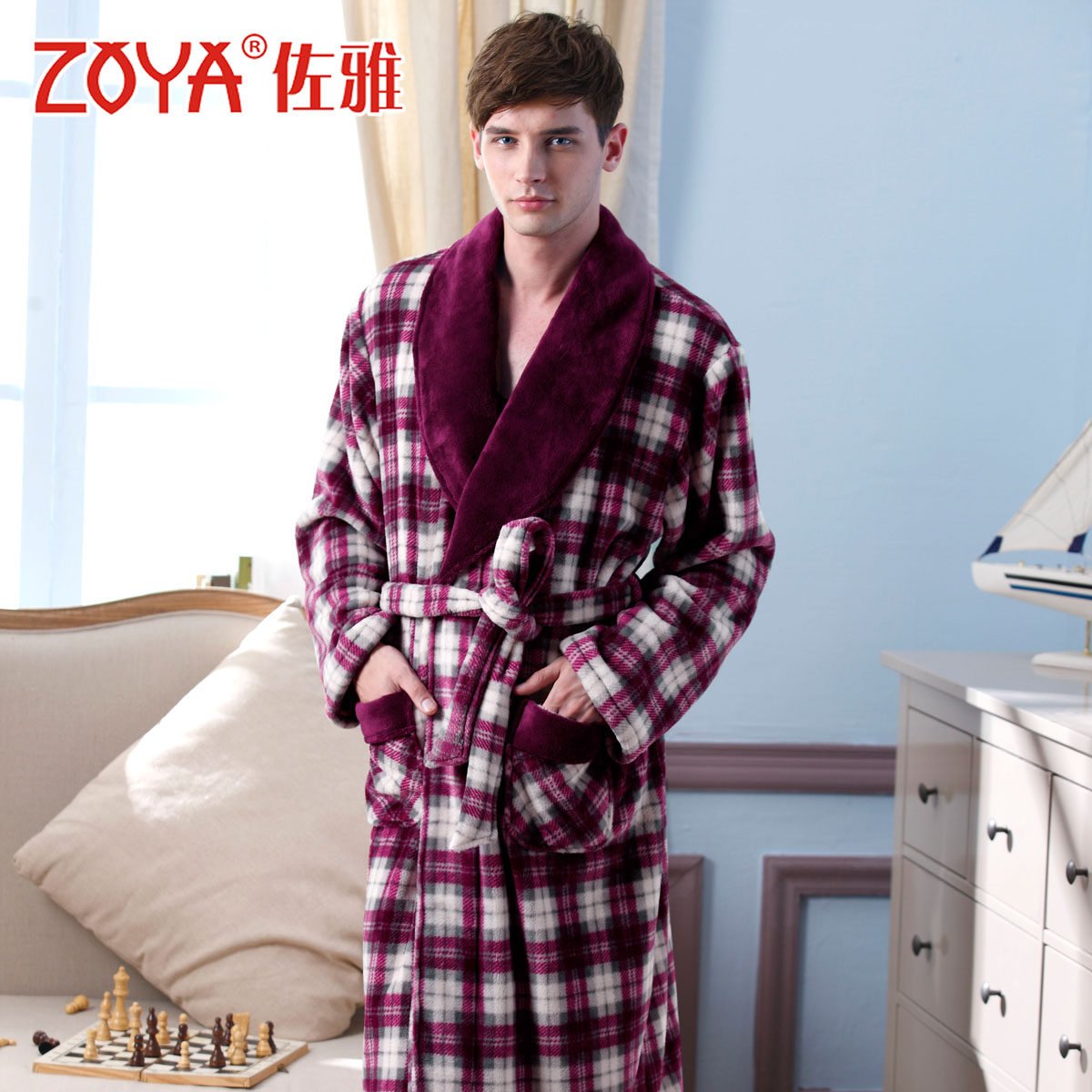 <em>佐雅睡衣</em>正品特价男士<em>秋冬</em>加厚法莱绒格子男士