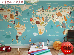 兰蔻手绘卡通世界地图壁纸儿童房墙布卧室背景