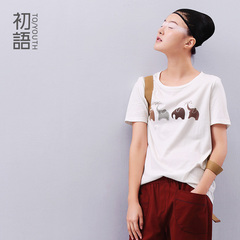 【聚79.8元】初语品牌上装 2014新款可爱大象纯棉宽松白短袖女T恤 