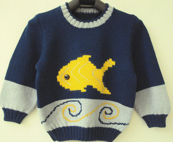 新款纯手工<em>编织1-2岁儿童毛衣</em>三利线蓝色小金