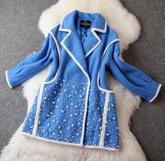 2014冬装新款貂绒条订珠羊毛呢大衣