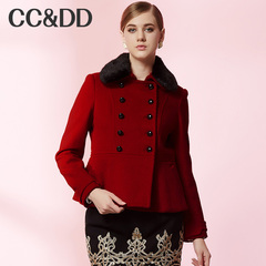 CCDD2014冬装专柜正品新款女装粗花呢气质翻领可拆卸毛领修身外套