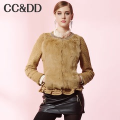 CCDD2014冬正品新款女装 长袖纯色皮草圆领粗花呢兔毛拼接外套
