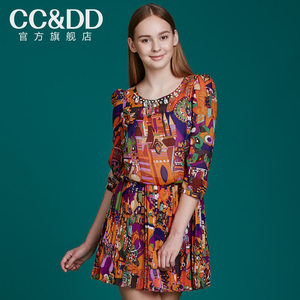 【热】CCDD2014秋装专柜正品新款女装裙甜美印花雪纺中长款连衣裙