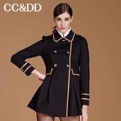 CCDD2014秋装专柜正品新款女装外套甜美裙摆拼皮中长款风衣