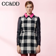 CCDD2014冬装专柜正品新款女装PU皮拼接黑白格羊毛粗花呢连衣裙