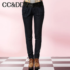 CCDD2014冬装正品新款女装PU皮拼接牛仔长裤子显瘦哈伦裤