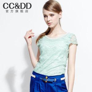 CCDD正品2014夏装新款女装钉珠蕾丝冰激凌色百搭短袖T恤
