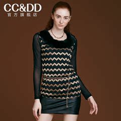 CCDD2014秋装正品新款女装蕾丝毛领性感金黑色波纹T恤