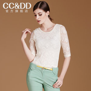 CCDD2014秋装专柜正品新款女士打底衫气质纯色中袖性感蕾丝衫T恤