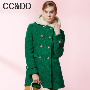 【满减】CCDD2014冬装正品新款女装英伦双排扣连帽羊毛呢大衣外套