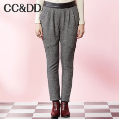 CCDD2014冬装正品新款女装拼皮羊毛呢裤子英伦黑白格哈伦裤