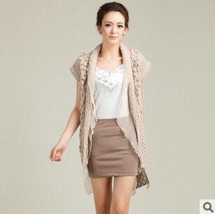 粗毛线棒针<em>毛衣</em>蕾丝领手工<em>编织</em>麻花中<em>长款</em>无袖