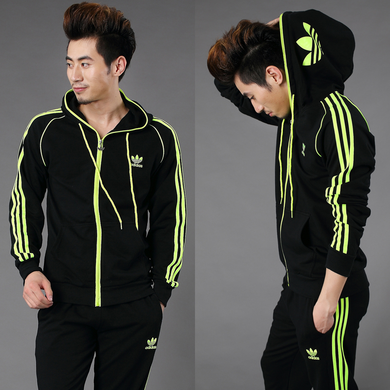 包邮!阿迪达斯三叶草/adidas情侣连帽拉链三杠运动休闲男女套装