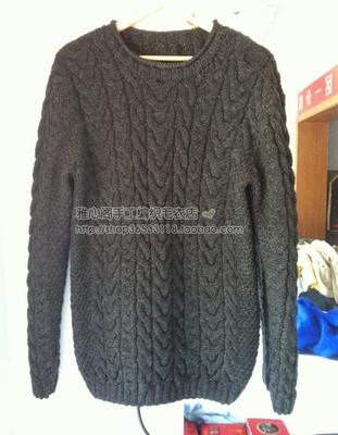 雅心阁<em>手工编织毛衣</em> 炭黑色<em>男式</em>圆领<em>棒针</em>粗线