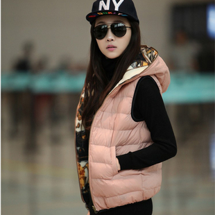 【】<em>秋冬装</em>韩版带帽豹纹两面穿<em>女式休闲马甲</em>羽