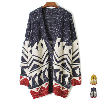 <em>毛衣</em>搭配_澳茗 欧美撞色几何条纹 宽松长款加