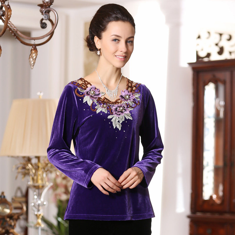 好享 <em>金丝绒</em>上衣长袖<em>秋装女外套</em>绣花真丝女装