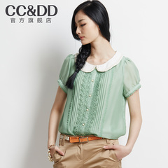 CCDD正品2014夏装新款女装复古蕾丝花褶学院风短袖雪纺衬衫