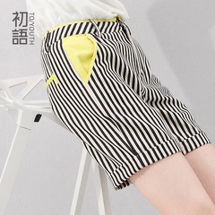 【聚119.8元】初语夏季新款 显瘦条纹撞色 时尚拼接 卷边棉料短裤 