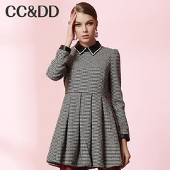 CCDD2014冬装专柜正品新款女装复古英伦黑白格子裙羊毛连衣裙